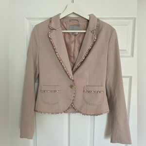 H&M Dusty Pink Blazer With Satin Ruffle Trim, Short Fitted Blazer, EUC, Size 8